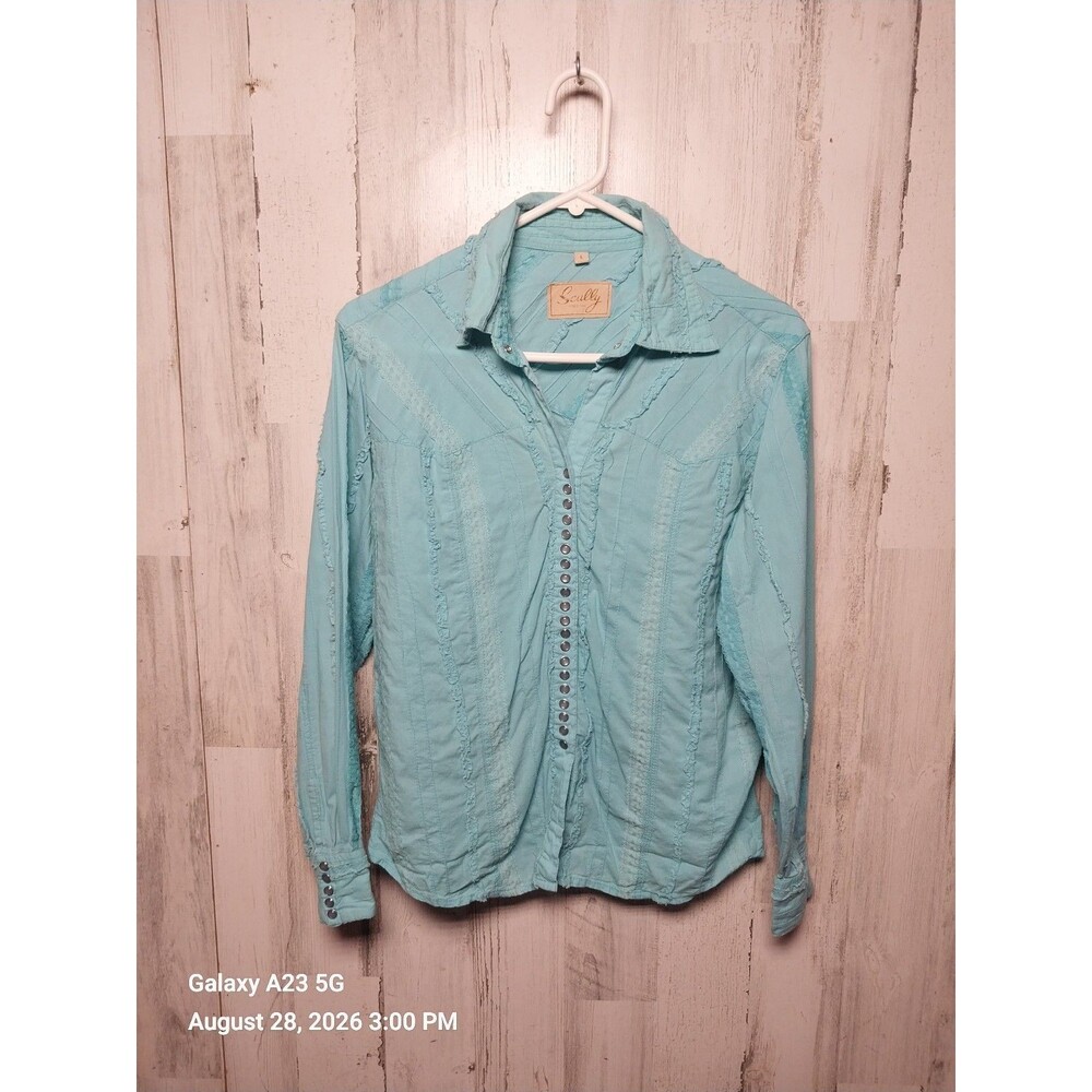 Scully Western Shirt Womens Large Light Blue Pearl Snap Embroidered Boho